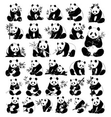 Vector art of collection of black and white illustrations of pandas in various poses and activities