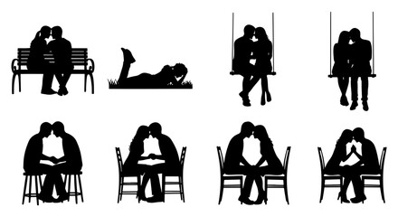 Vector art of collection of romantic couple silhouette illustrations showing various poses and settings like benches, swings, and tables