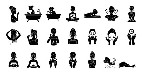 Obraz premium Vector art of set of black and white silhouette icons illustrating diverse personal care and wellness activities