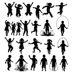 Vector art of collection of active children silhouettes jumping and playing