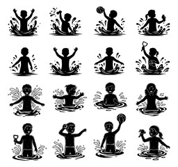Vector art of silhouettes of children playing in water