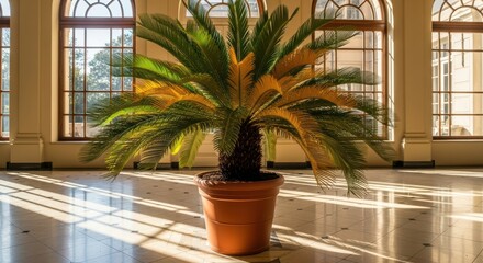 Fototapeta premium Lush cycad plant in sunlit indoor space with large windows and tiled floor