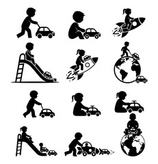 Vector art of collection of silhouette icons depicting children playing with cars, rockets, and on a slide