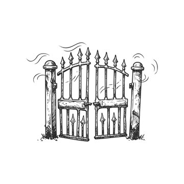 Vintage black and white illustration of an ornate iron gate with stone pillars