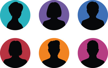 Avatar icons, silhouette profile, black and colorful, diverse people, vector illustration, user representation, identity symbol, modern design, UI element