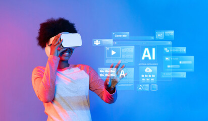 A young individual engaging with virtual reality and illustrating tools for artificial...