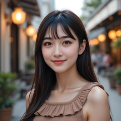 Obraz premium A beautiful, smiling young Asian woman in a warm and soft portrait. She is standing on a lively street with blurred lights and a cozy evening atmosphere.