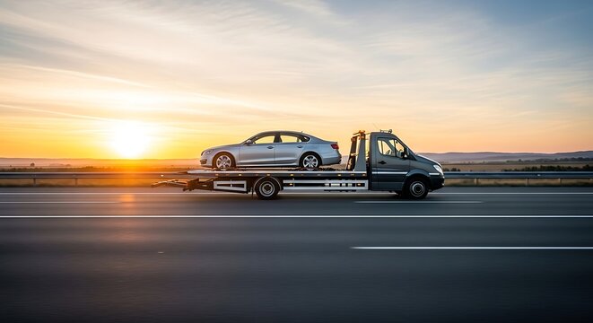 A silver sedan is being transported on a flatbed tow truck on a rural highway at sunset, symbolizing a long journey or travel.