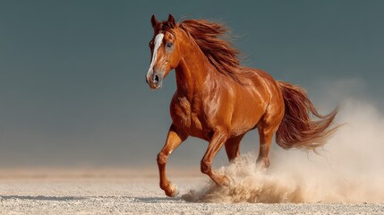 Fototapeta premium Majestic chestnut horse gallops through sandy landscape under cloudy sky during golden hour