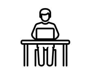 minimalist icon of a person sitting at a desk with a laptop, on a white background, with black line art. 