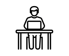 minimalist icon of a person sitting at a desk with a laptop, on a white background, with black line art. 