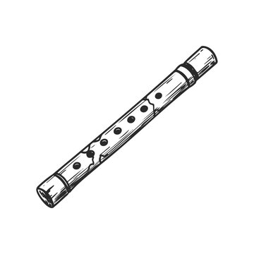 Sketch of a traditional wooden recorder wind instrument with six finger holes