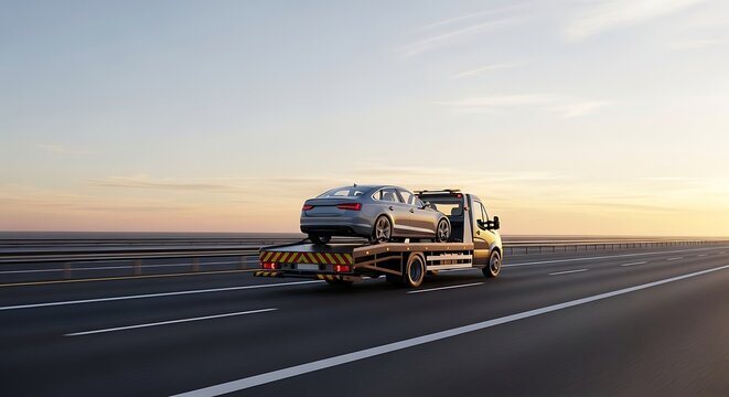 A silver sedan is being transported on a flatbed tow truck on an empty highway at sunset, symbolizing a long-distance journey.