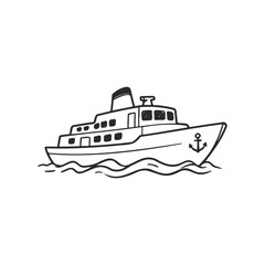 Black and white drawing of a yacht with anchor on ocean waves