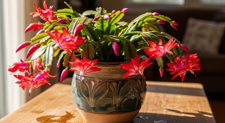 Vibrant christmas cactus with red blooms in sunlit ceramic pot on wooden table