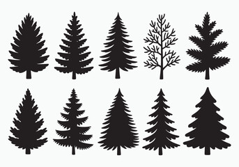 Obraz premium Collection of diverse silhouette christmas trees pine fir and bare branches for winter holiday design elements white background