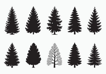 Fototapeta premium Collection of diverse fir tree silhouettes in various styles for natural winter forest scenes white background