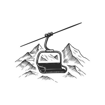 Ski lift illustration with mountainous backdrop in monochrome style