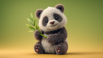 Obraz premium Adorable fluffy panda cub holding fresh bamboo, sitting against a soft green-to-yellow gradient background.