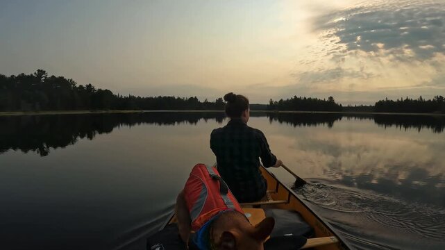 Cinematic 4K view from the stern of a canoe, showing a woman and her dog gliding across calm waters