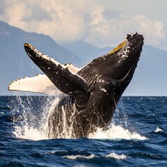 Obraz premium Majestic humpback whale breaching the ocean surface, showcasing its powerful form against a backdrop of a tranquil sea.