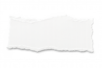 Ragged white paper edge ripped diagonally, floating against transparent backdrop with soft shadows