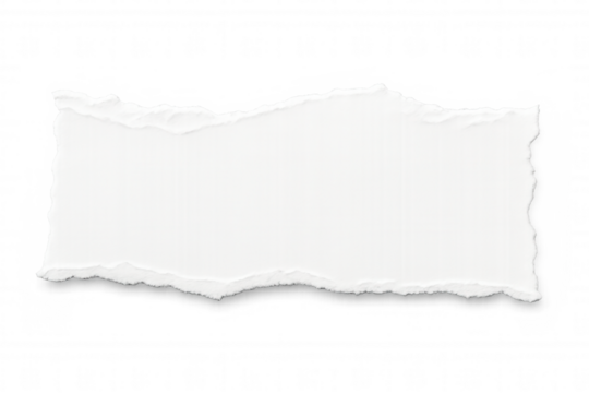 Ragged white paper edge ripped diagonally, floating against transparent backdrop with soft shadows