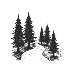 Obraz premium Black and white illustration of a forest path with pine trees