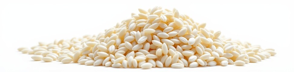 Fluffy white rice piled high on a clean white background, showcasing its texture and delicate grains, rice, texture