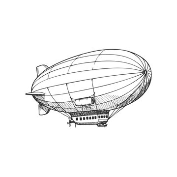 Black and white sketch of a vintage airship blimp