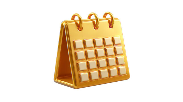 Shining golden calendar icon with raised dates, 3D render on transparent background