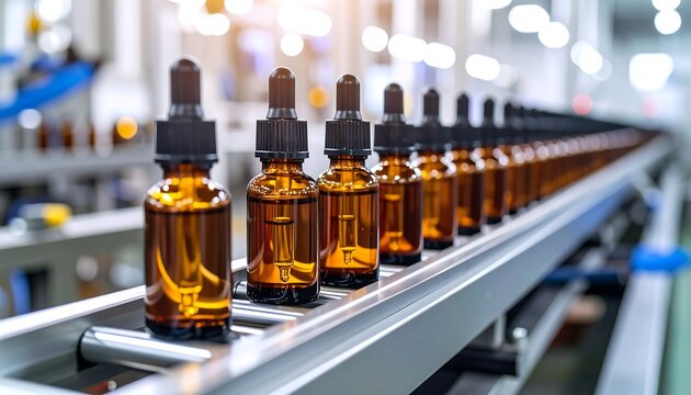 Amber glass dropper bottles filled with liquid move along a conveyor belt in a factory