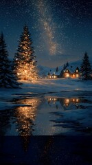 Fototapeta premium Winter night with glowing Christmas tree and cozy houses reflected in icy water