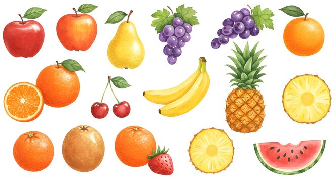 Whimsical watercolor illustration of various fruits (apples, pears, bananas, grapes, cherries, strawberries, oranges, pineapple, watermelon), painted in a storybook style