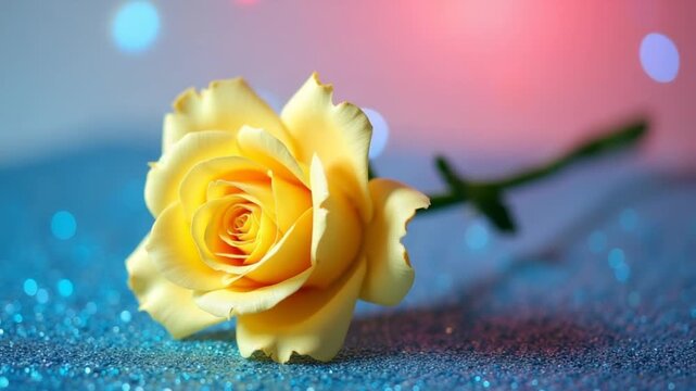 Artificial yellow rose on top of glittering blue and pink tinsel bokeh background with copy space