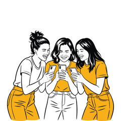 Group of young women using smartphones together, digital lifestyle illustration