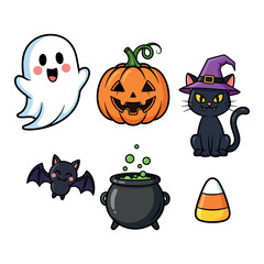 Adorable Halloween Cartoon Set with Ghost Pumpkin Black Cat Bat Candy Corn and Witch Cauldron Clipart Illustration