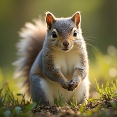 Fototapeta premium Squirrel, squirrel sitting in nature, sunlight falling on it from the side, making it more visible and attractive, close-up shot, natural background