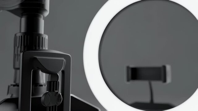 Detail of antislip feet on portable ringlight tripod paired with smartphone clip ensuring stable and secure influencer video capturing anywhere.