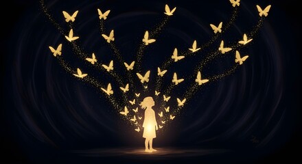 Golden glitter butterflies glowing around a child silhouette, symbolic and artistic.