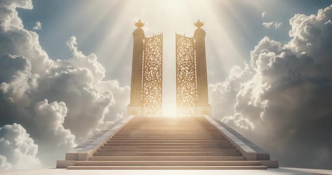 Bursting sunlight piercing cloud break onto marble staircase summit, with ornate golden gates