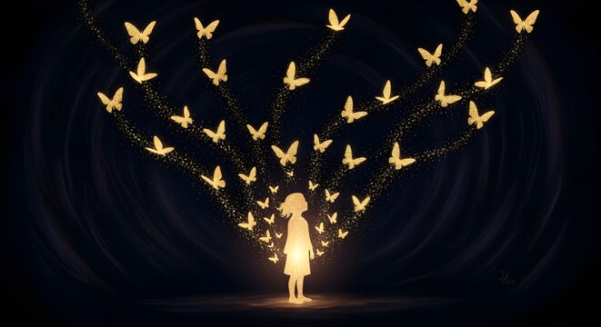 Golden glitter butterflies glowing around a child silhouette, symbolic and artistic.