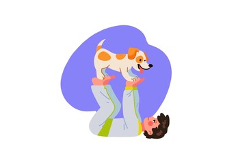 A cute cartoon illustration of a dog standing on the hands of a young boy lying on the ground. The boy is wearing casual clothes, and the background is a soft purple, adding a playful and joyful vibe