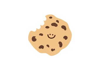 A cute and quirky cartoon illustration of a smiling chocolate chip cookie with a bite taken out of it, showcasing a joyful and playful mood with its sweet expression