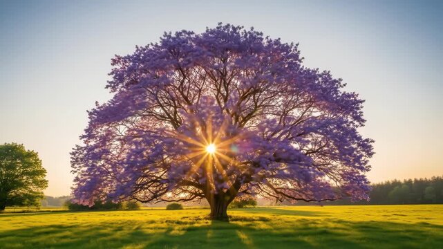 Majestic sunrise through blooming jacaranda tree captures nature's tranquil beauty