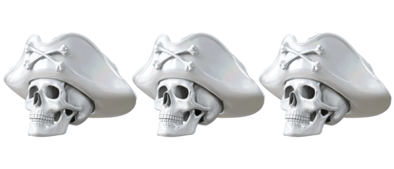Three pirate hats in tricorn shape with skull symbols, neat row alignment, isolated on transparent background.
