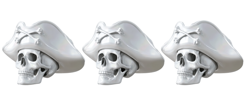 Three pirate hats in tricorn shape with skull symbols, neat row alignment, isolated on transparent background.
