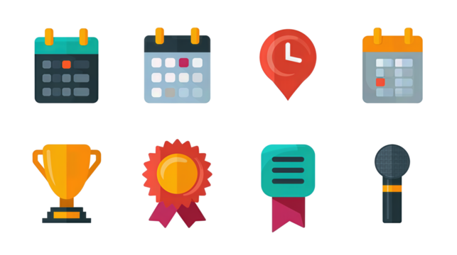 A row of event management icons including stage, calendar, ribbon, and microphone, evenly spaced, isolated on transparent background.
