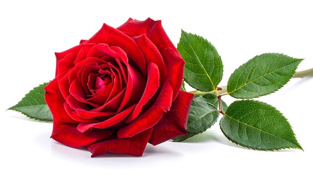 A vibrant red rose with lush green leaves lies gracefully on a plain white background.