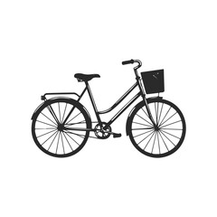 Simple black bicycle silhouette with front basket on white background